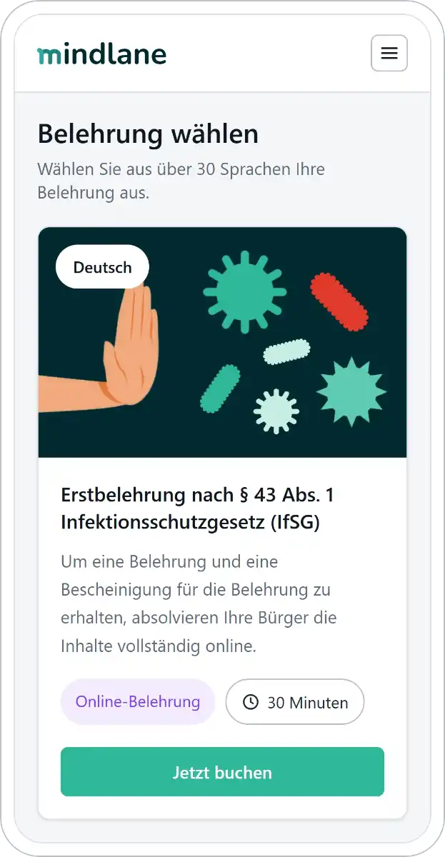 Beispielansicht der mindlane-App: Auswahl der Belehrung, hier die Erstbelehrung nach § 43 Abs. 1 IfSG auf Deutsch